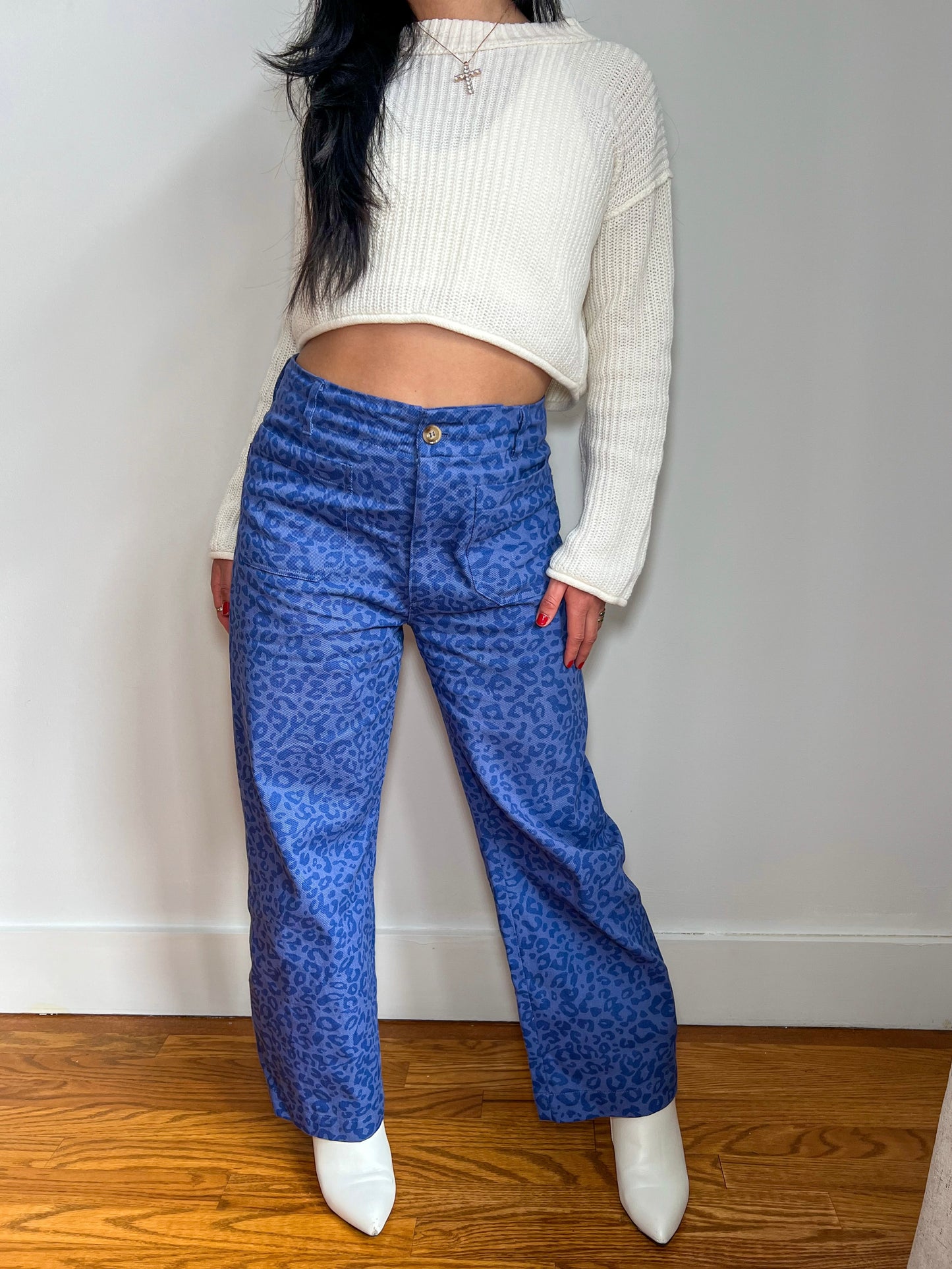 Petite Blue Leopard Wide Leg Jeans