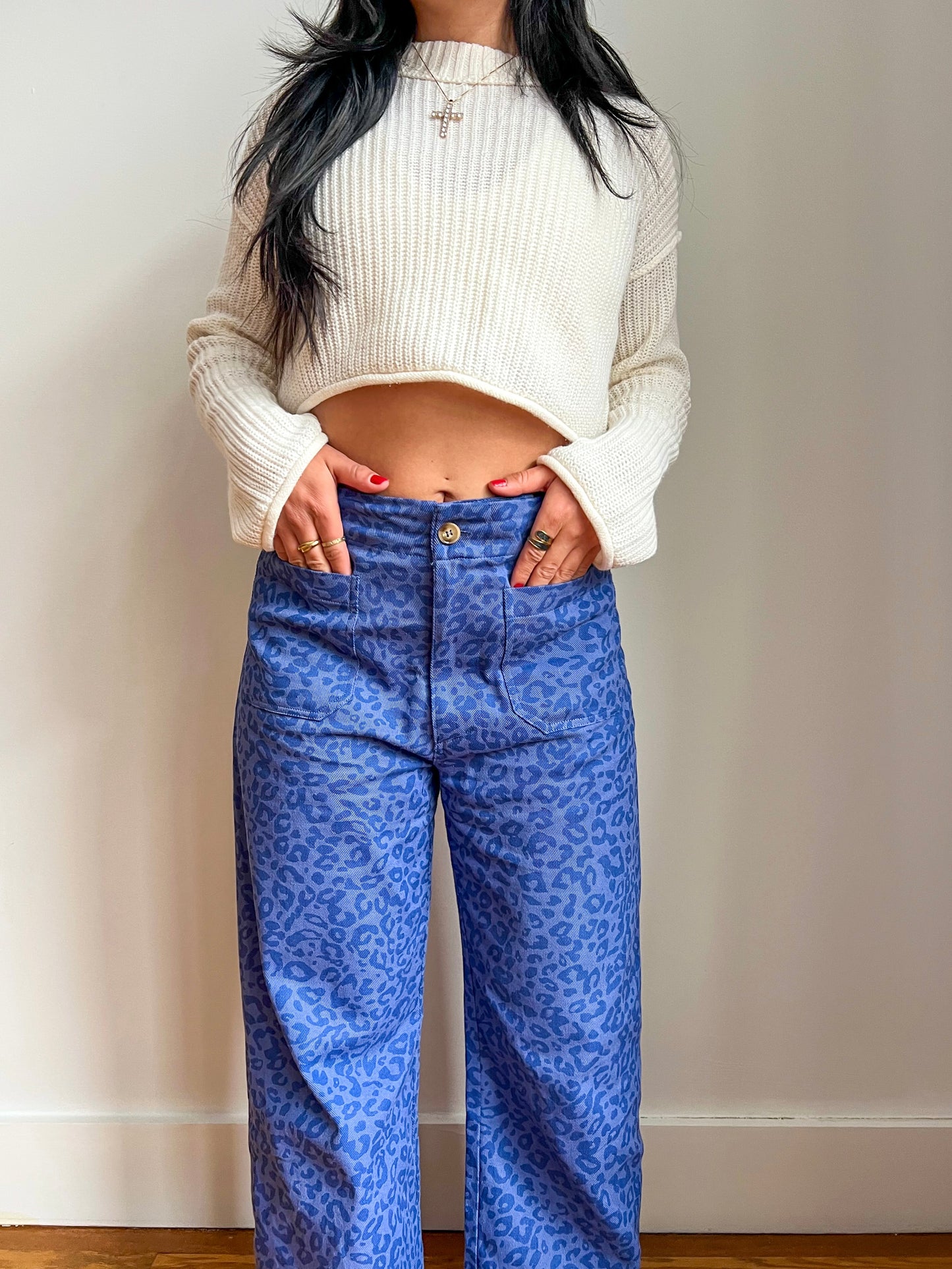 Petite Blue Leopard Wide Leg Jeans