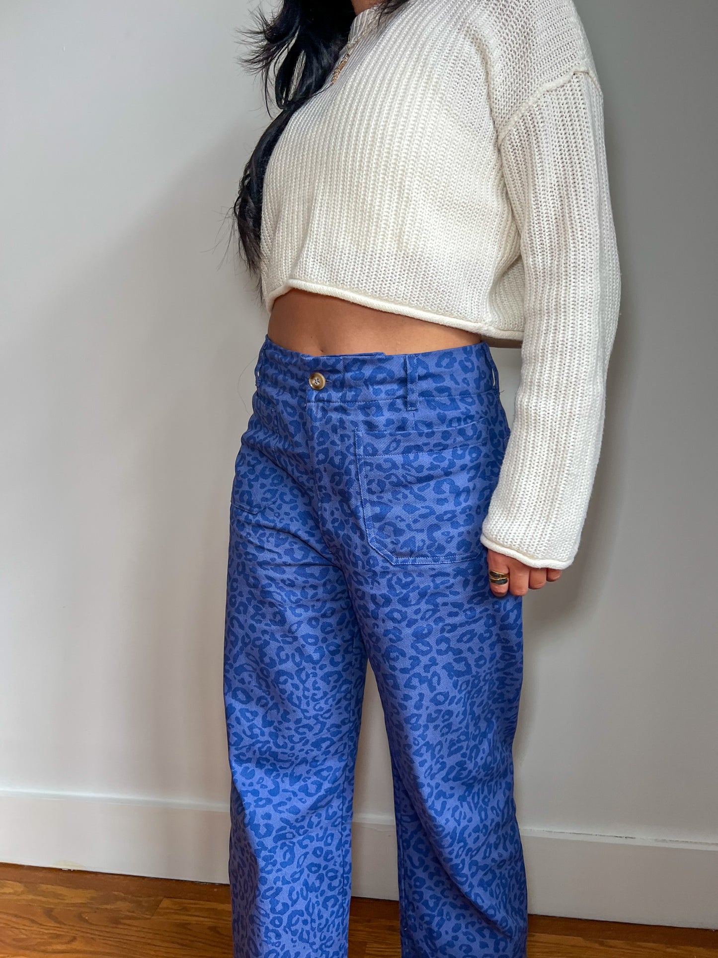 Petite Blue Leopard Wide Leg Jeans