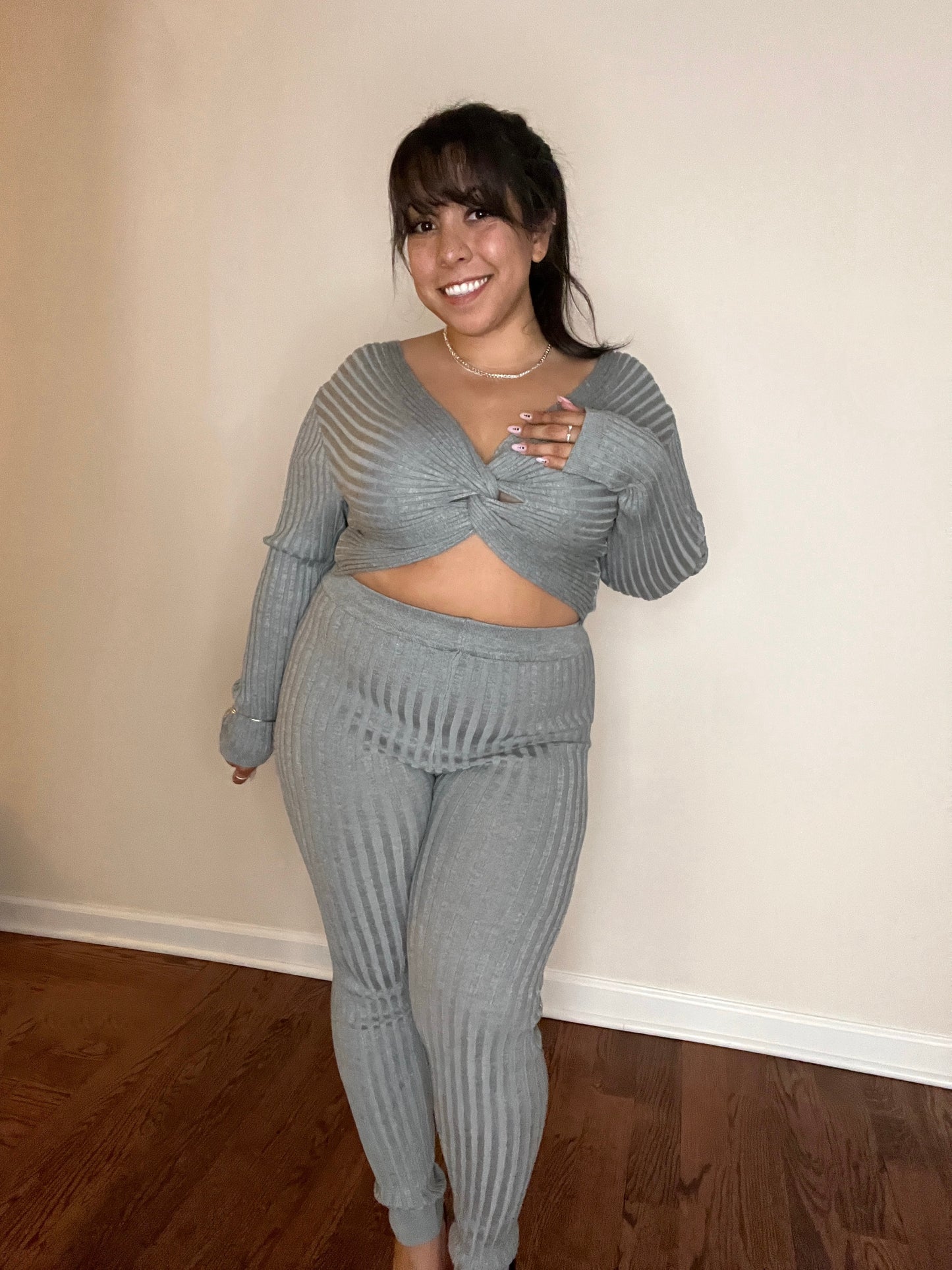 Offline - Heather Grey Petite Ribbed Knit Set