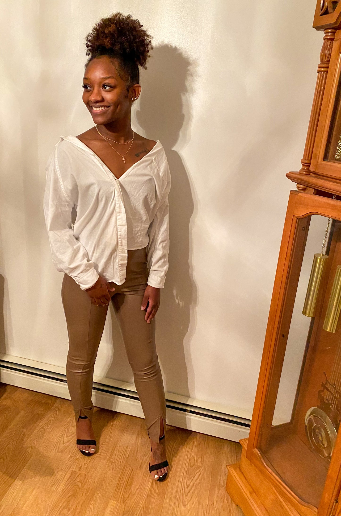 Splitting Up - Petite Faux Leather Slit Hem Pants