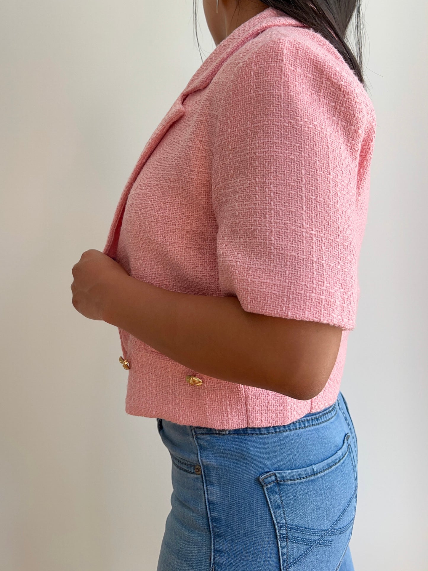 Elle - Pink Cropped Tweed Blazer