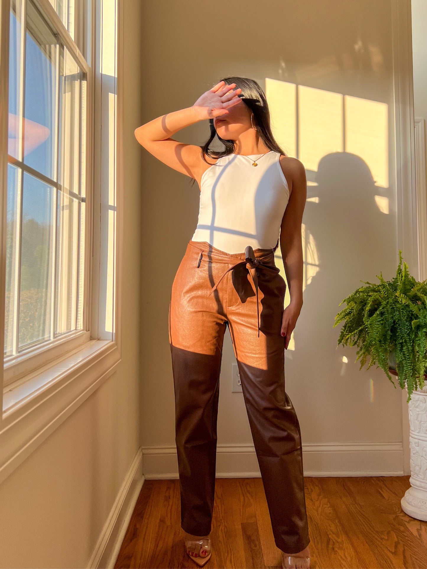 Chocolate - Petite Faux Leather Pants