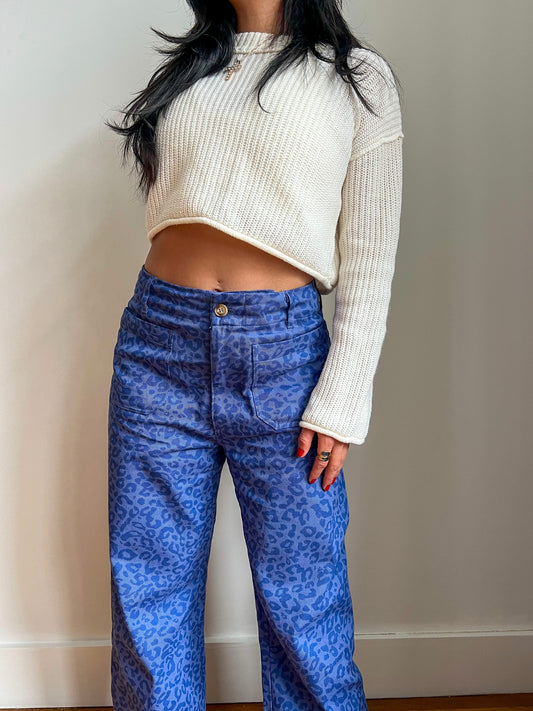 Petite Blue Leopard Wide Leg Jeans