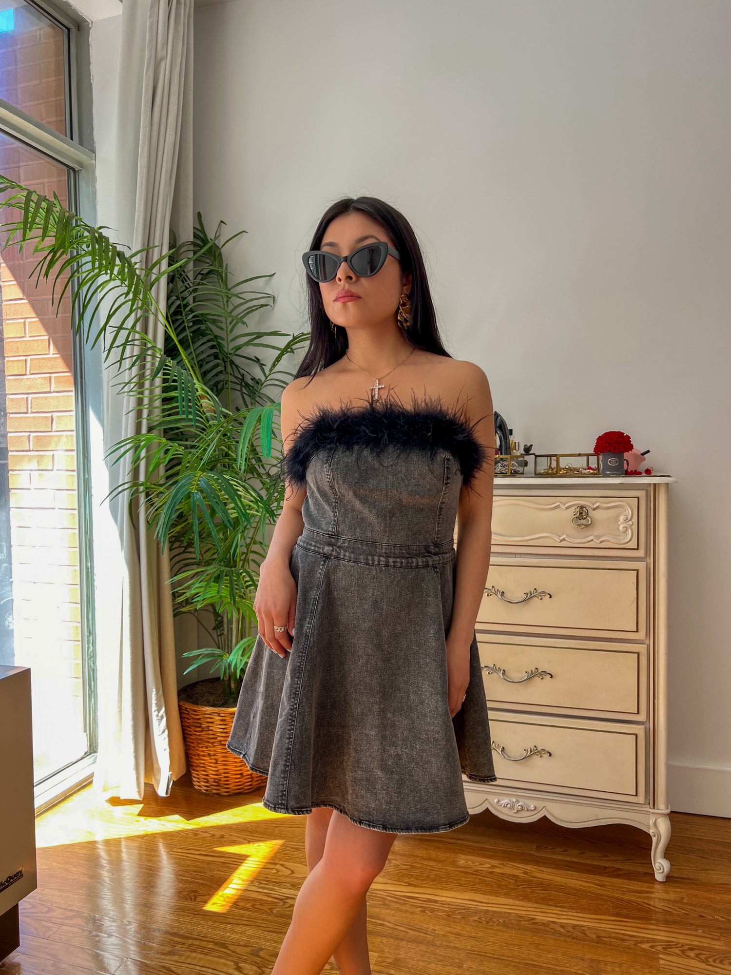 black strapless denim dress Rylie Washed Black Denim Strapless Fringe Mini Dress