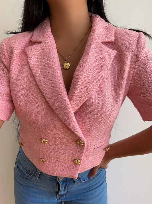 Elle - Pink Cropped Tweed Blazer