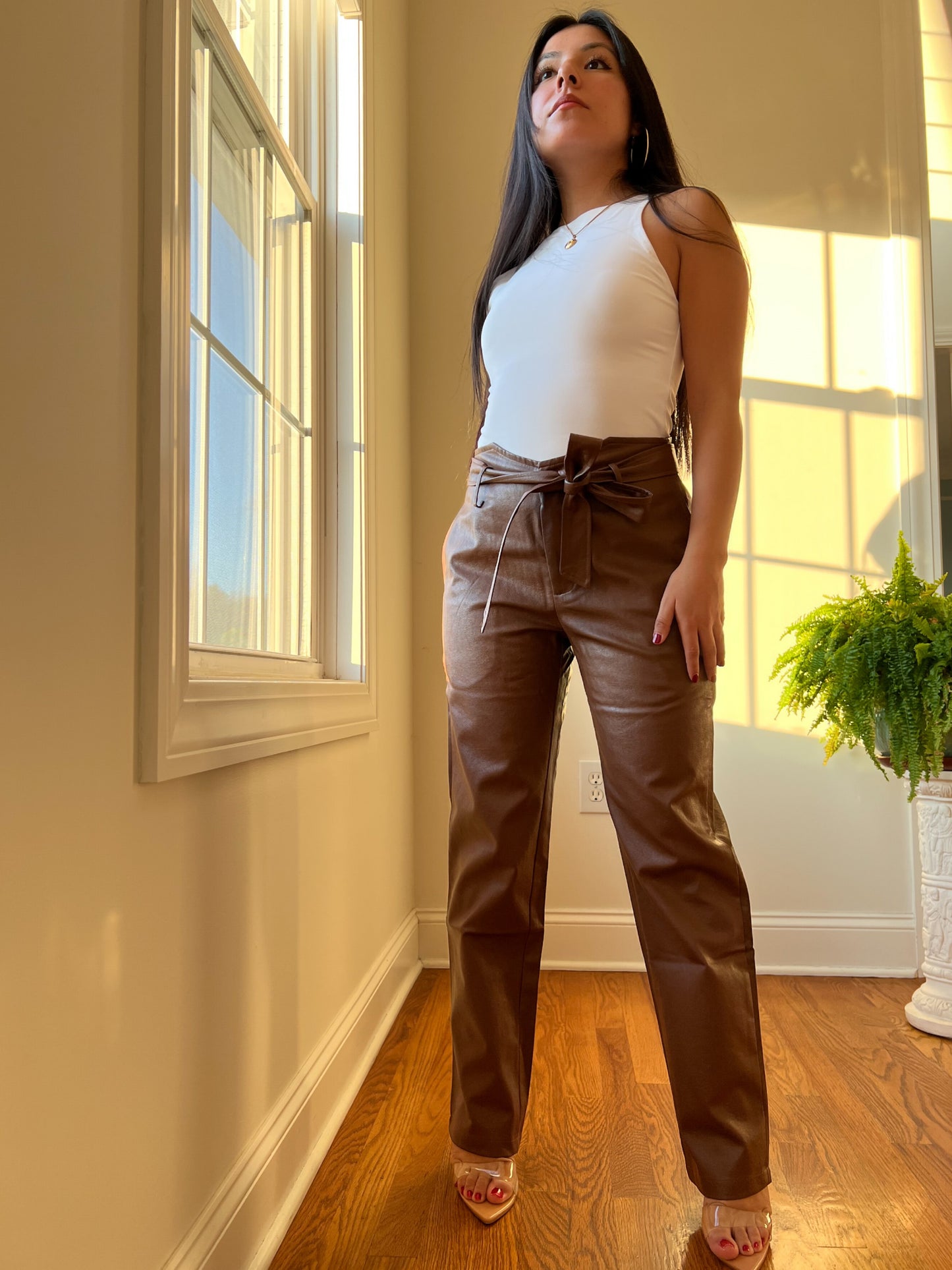 Chocolate - Petite Faux Leather Pants